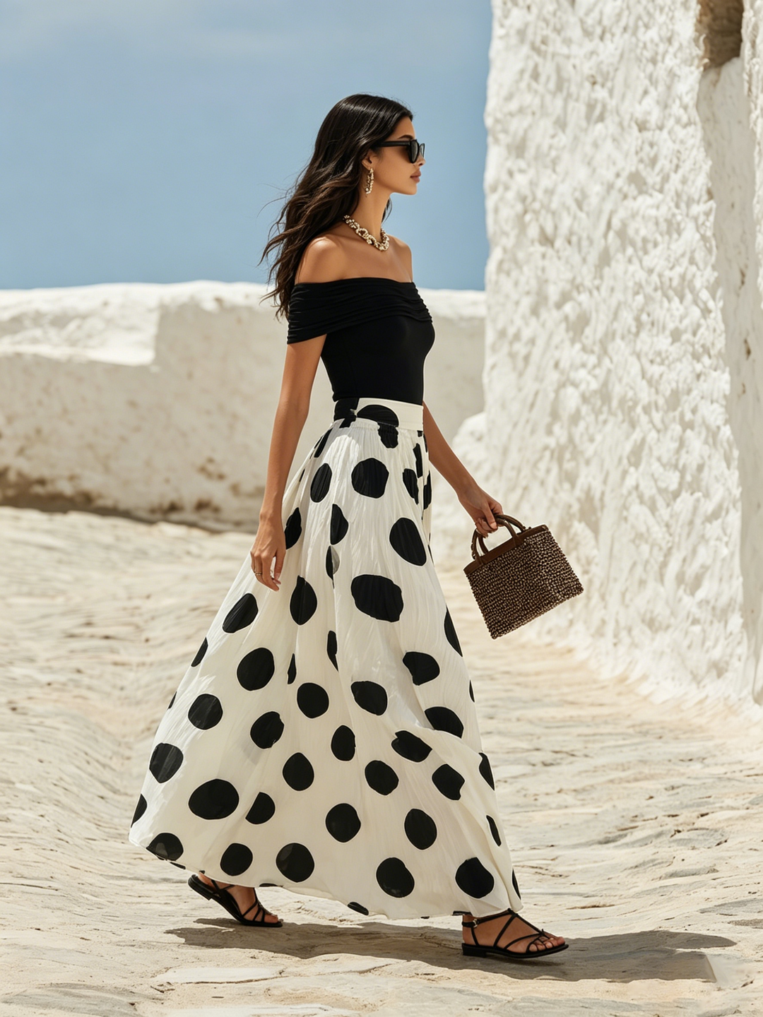 Off-Shoulder Polka Dot Maxi-Kleid für ein Urlaubsgefühl