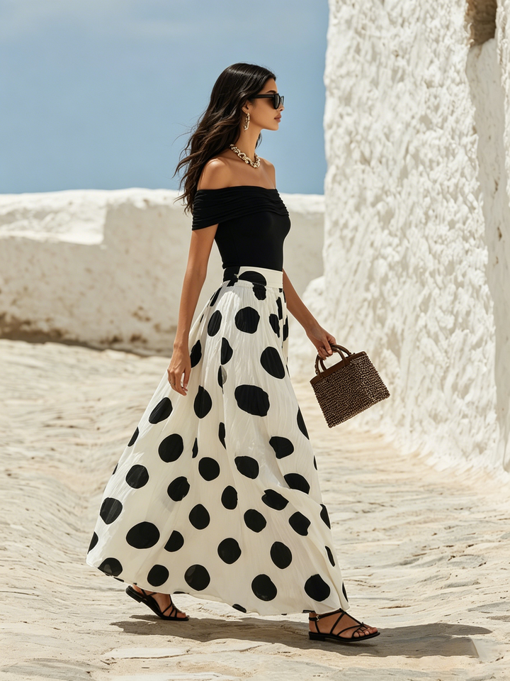 Off-Shoulder Polka Dot Maxi-Kleid für ein Urlaubsgefühl