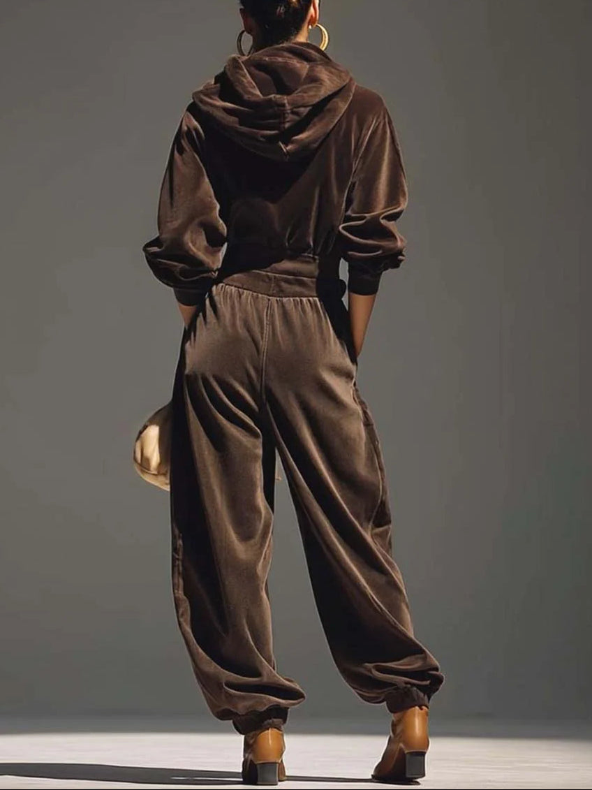 Retro Brauner Samt Hoodie und Entspannte Hose Set (Gürtel Inklusive)