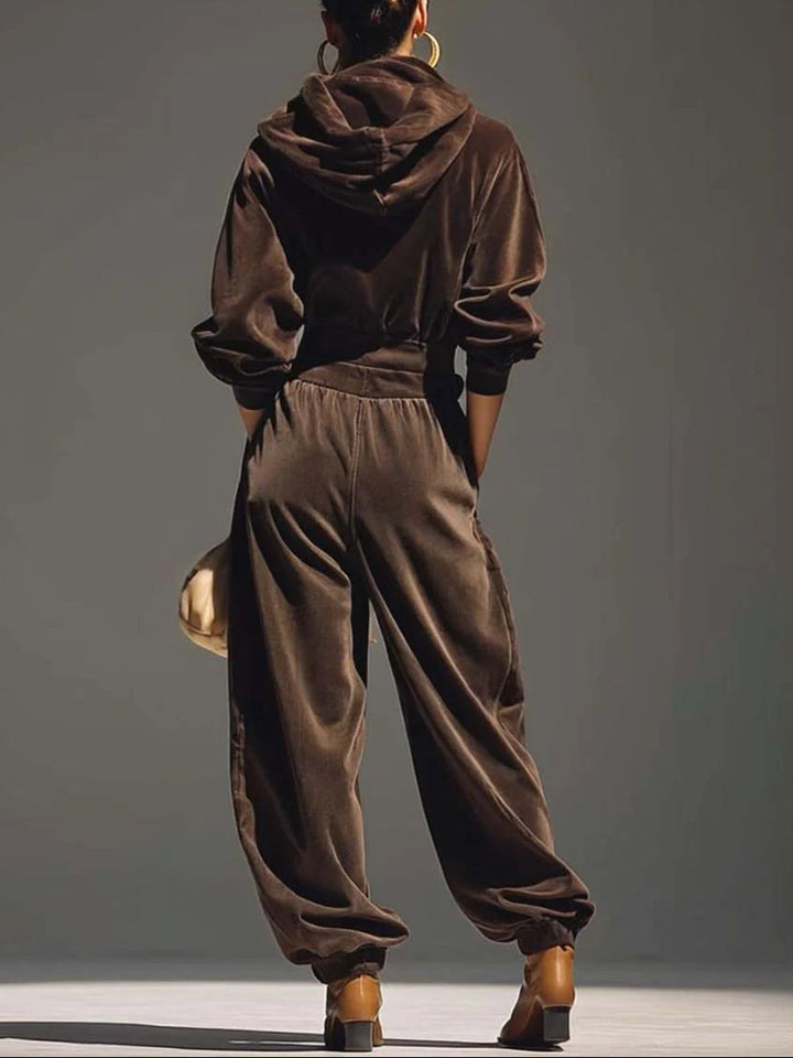 Retro Brauner Samt Hoodie und Entspannte Hose Set (Gürtel Inklusive)