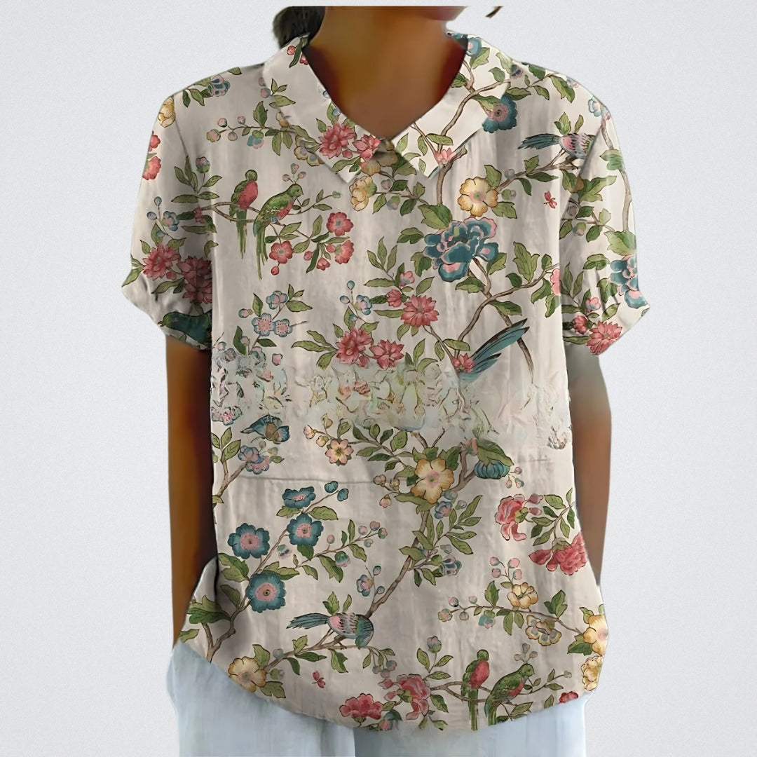 Lina™ - Stilvolle Leinen-Bluse mit Blumenmuster