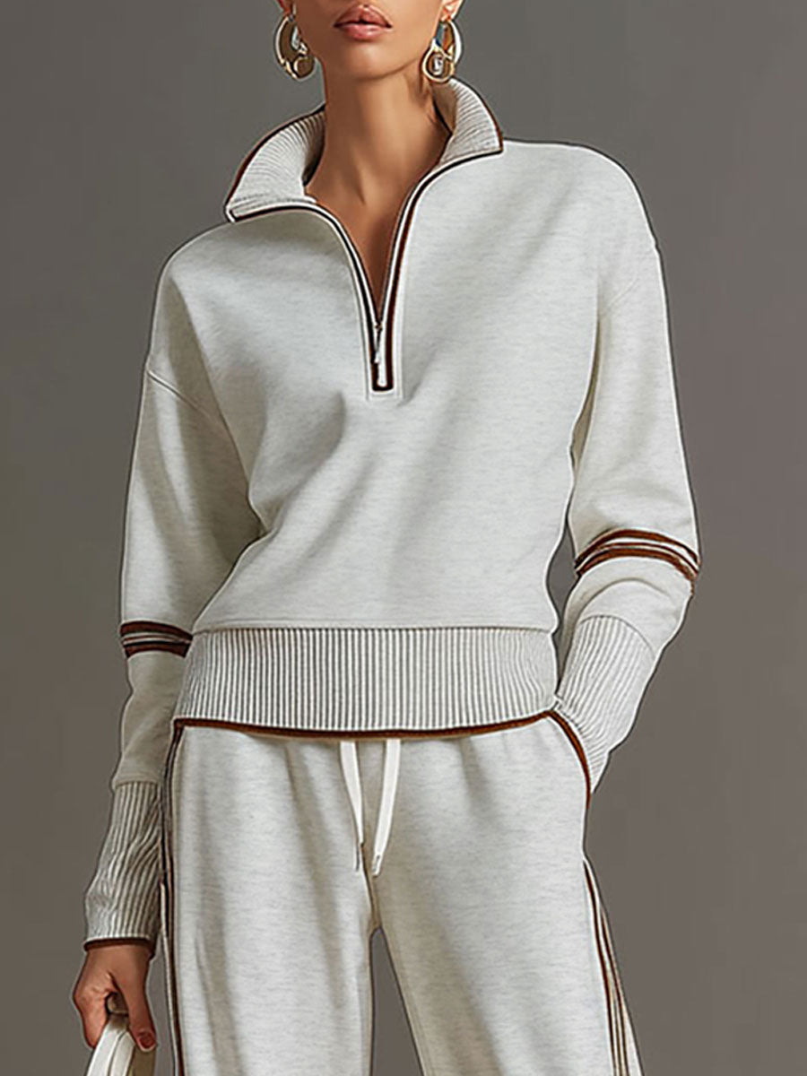 Vintage-inspirierter grauer und weißer Halbzip-Sweatshirt mit weitem Hosen-Set