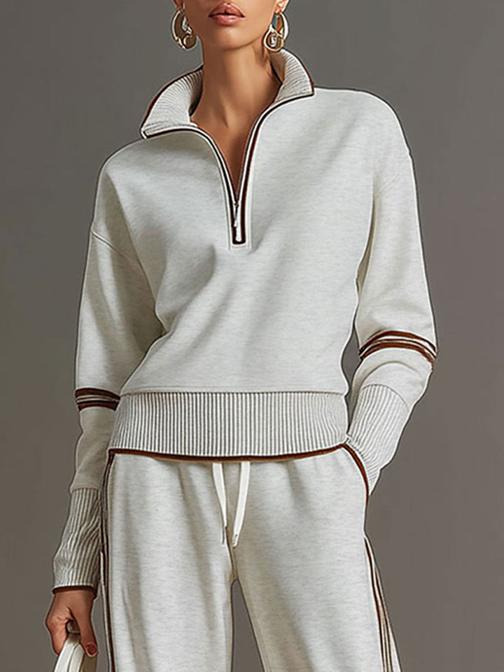 Vintage-inspirierter grauer und weißer Halbzip-Sweatshirt mit weitem Hosen-Set