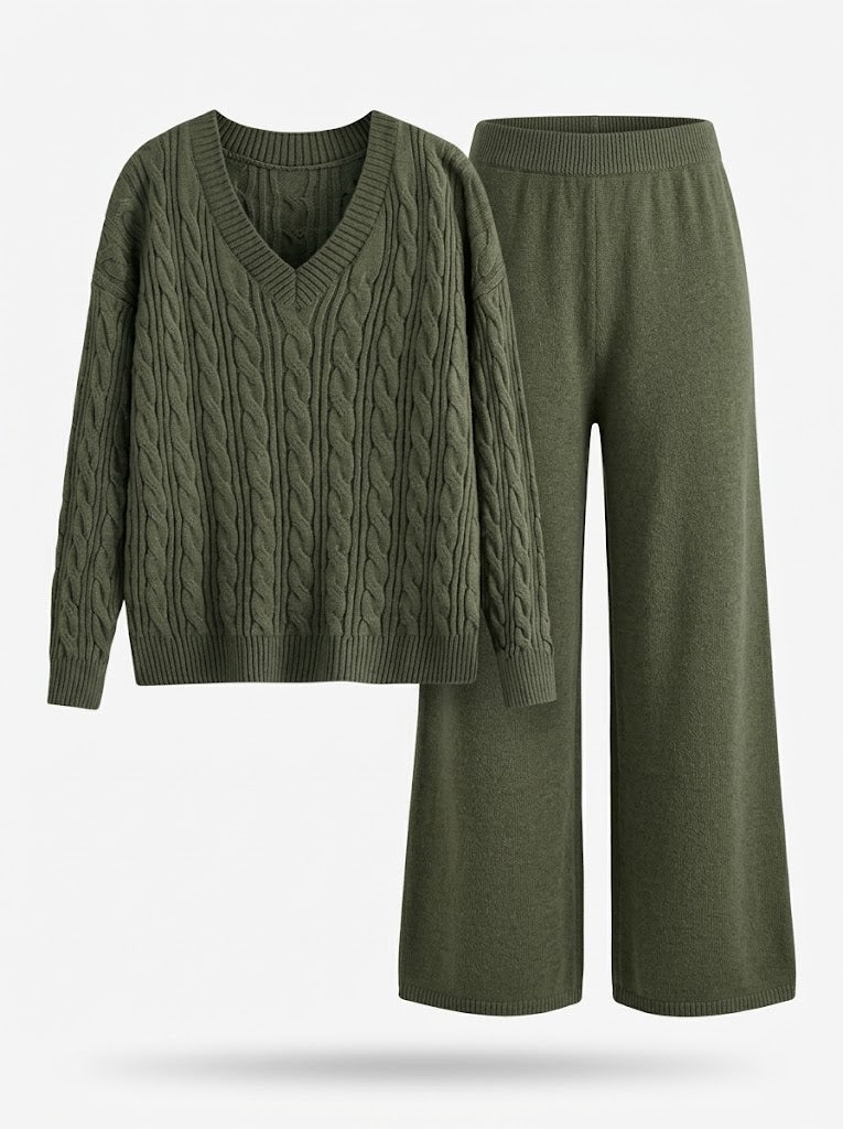 Completo da donna a due pezzi, scollo a V e maniche lunghe