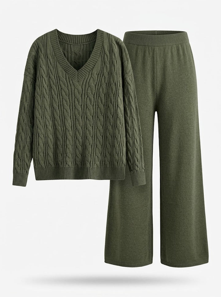Completo da donna a due pezzi, scollo a V e maniche lunghe