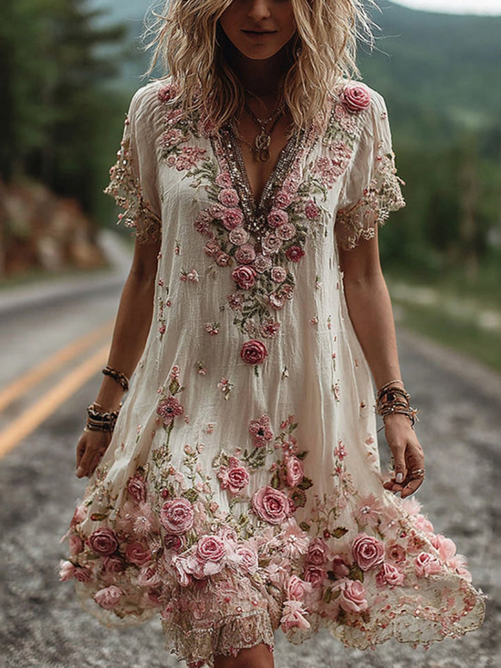 Ruby – Blossom bestickte V-Ausschnitt Kleid
