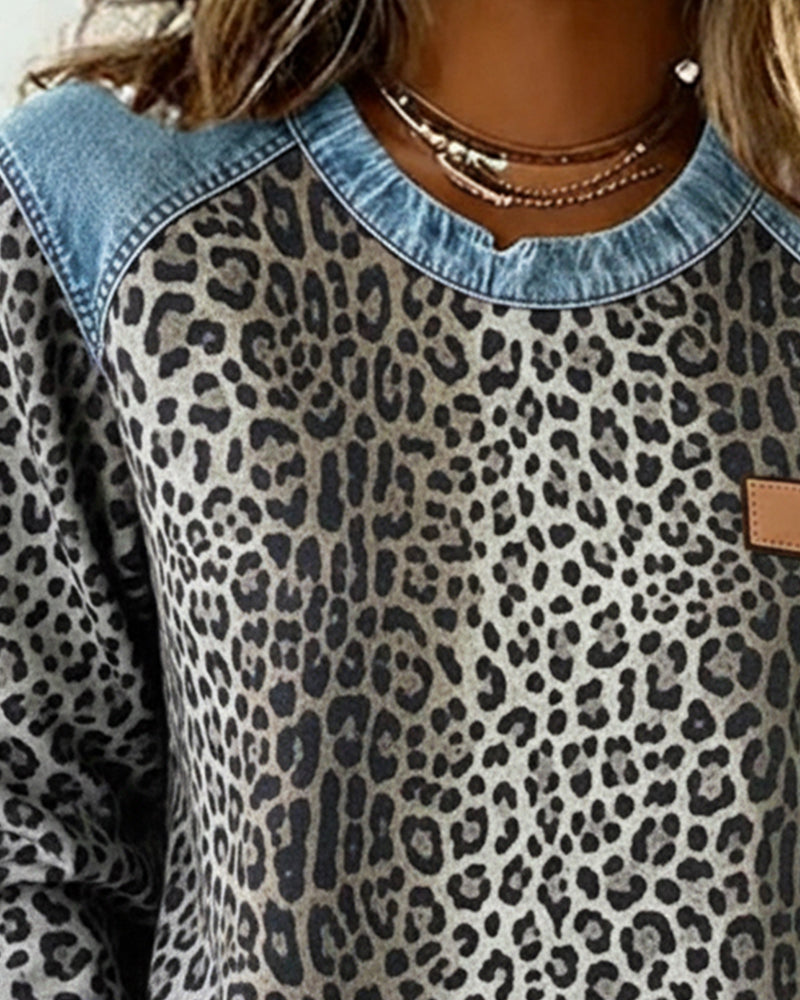 Leopardenmuster Denim Patchwork Pullover