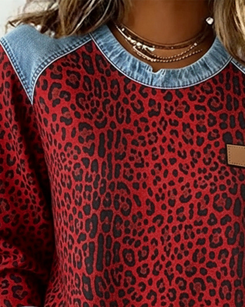 Leopardenmuster Denim Patchwork Pullover