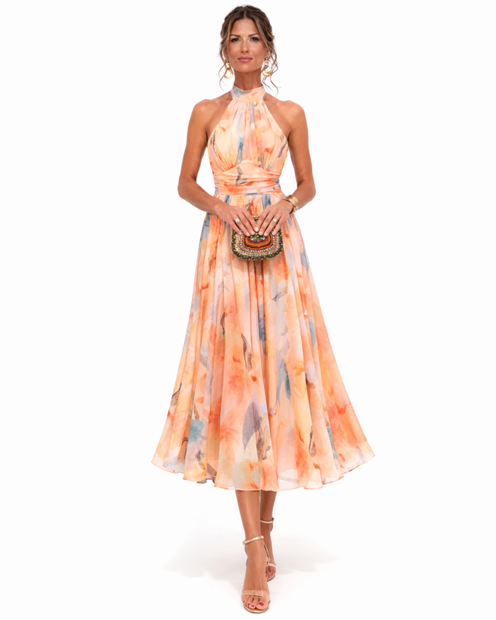Aurora - Aquarell Druck Halter Neck Kleid