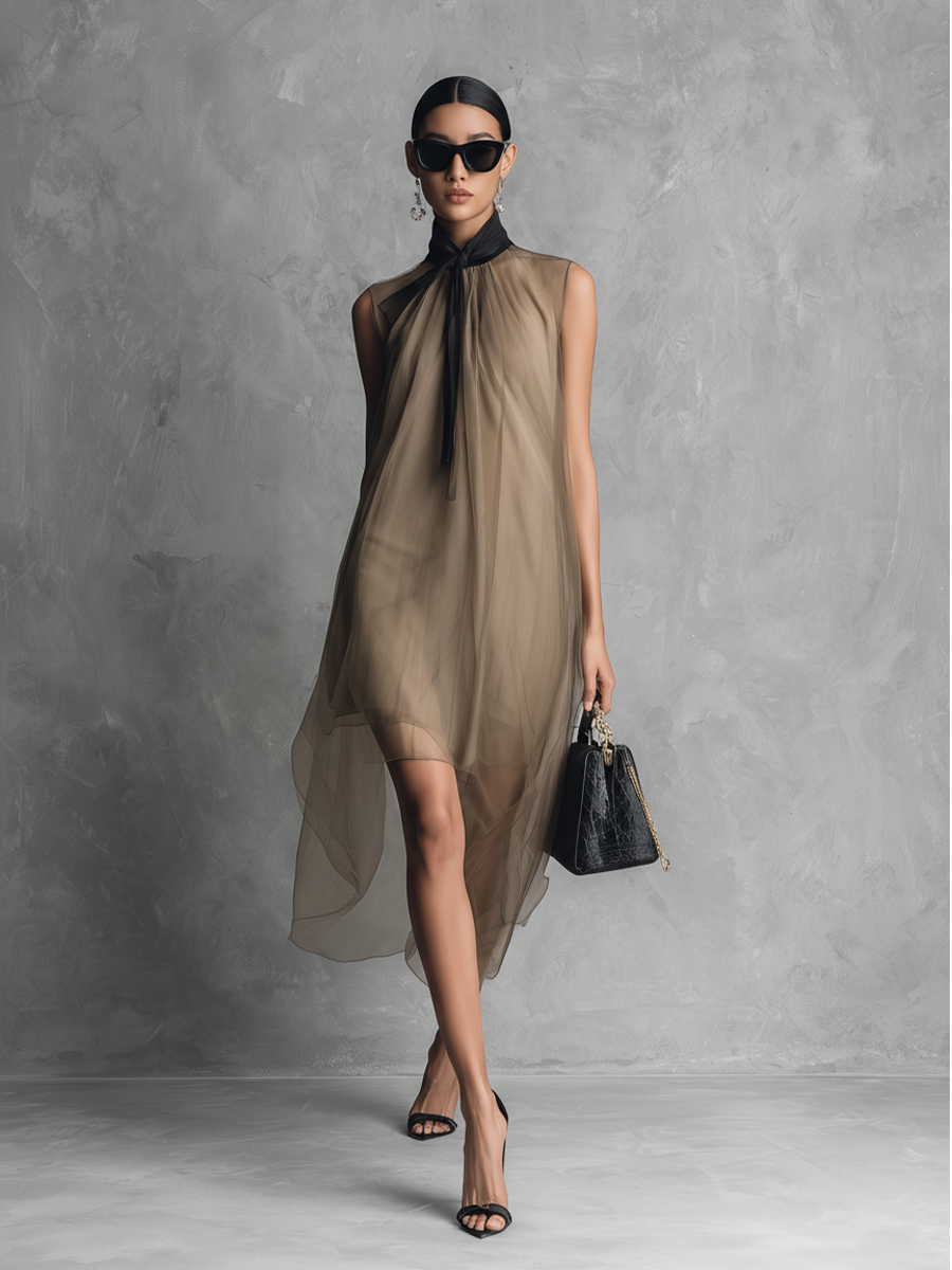 Leichtes, luxuriöses Damen-Freizeitkleid in Khaki und Braun mit Farbblockmuster