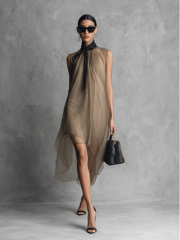 Leichtes, luxuriöses Damen-Freizeitkleid in Khaki und Braun mit Farbblockmuster