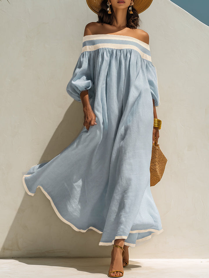 Beige Off-Shoulder Maxikleid mit lockerem Schnitt und Farbblockdesign