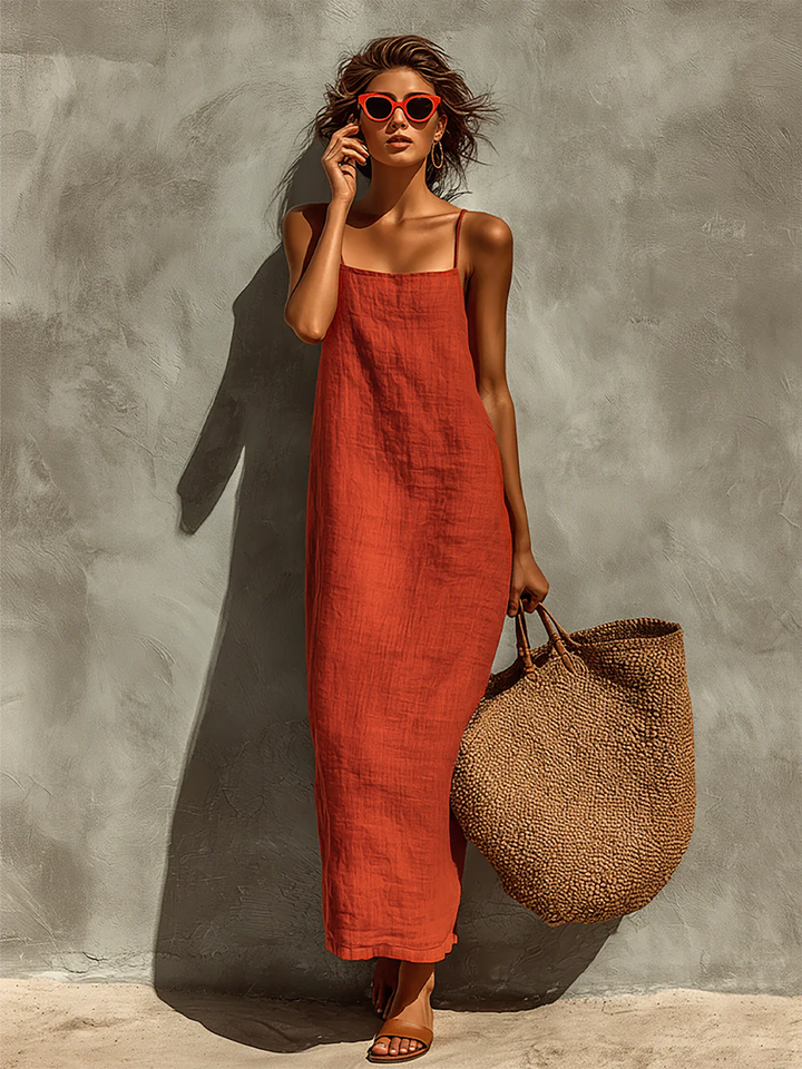 Rotes Damenkleid mit Spaghettiträgern und eckigem Ausschnitt, zeitloser Boho-Resort-Stil