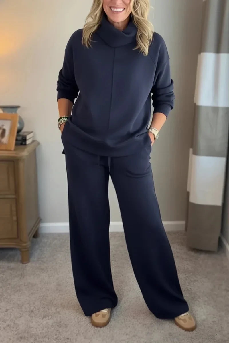 Aivra | Conjunto de dos piezas para mujer con cuello alto, mangas largas, pantalón de pierna ancha y bolsillos