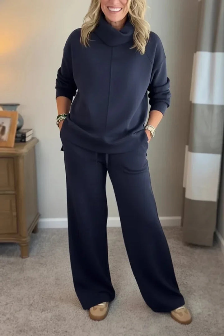 Aivra | Conjunto de dos piezas para mujer con cuello alto, mangas largas, pantalón de pierna ancha y bolsillos