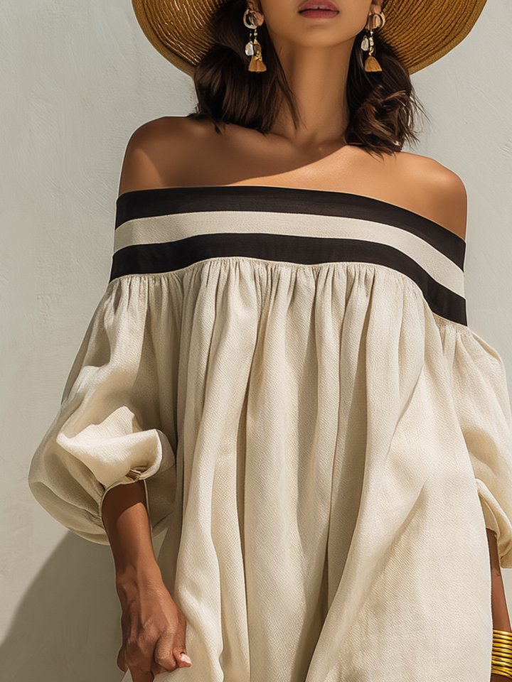 Beige Off-Shoulder Maxikleid mit lockerem Schnitt und Farbblockdesign