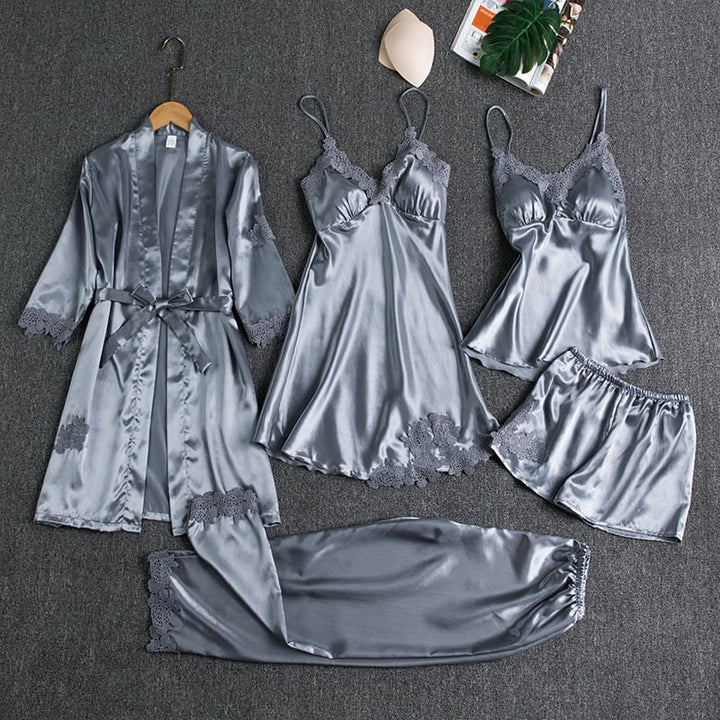 Elegantes Damen-Nachtkleid-Set aus Eis-Seide - 5 Teile