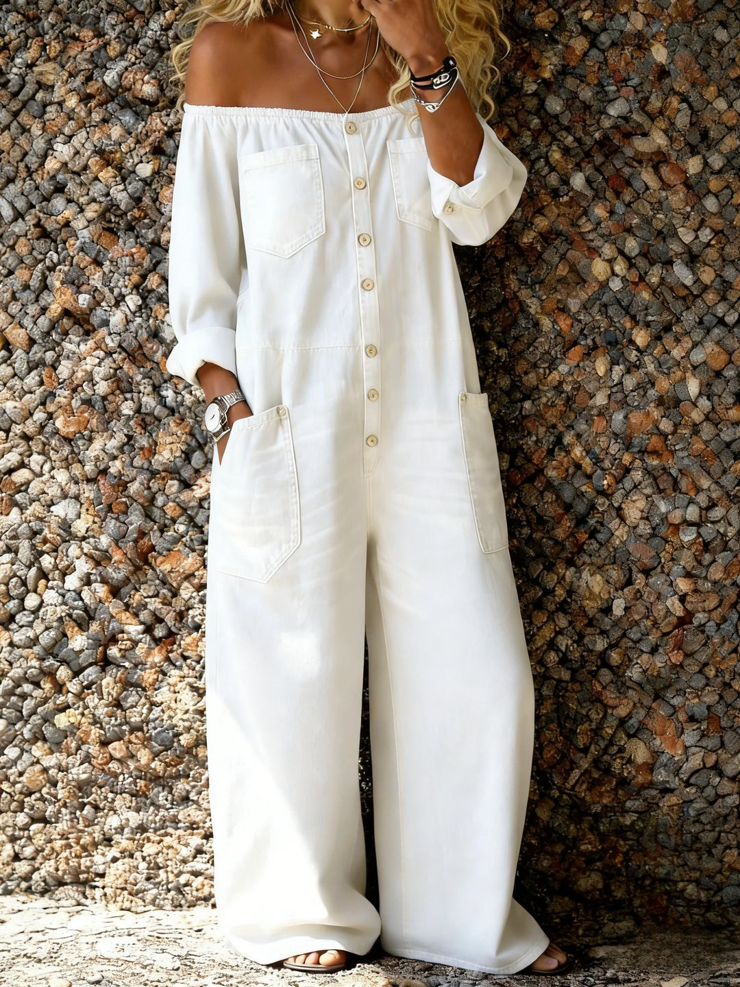 Noa | Denim-Jumpsuit mit Off-Shoulder-Ausschnitt