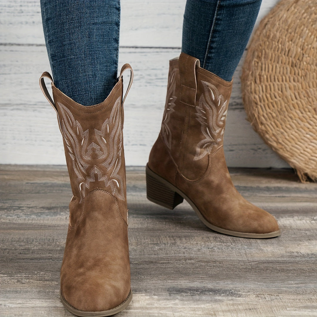 Damen Western Cowboy Stiefel für breite Waden mit besticktem Schaft