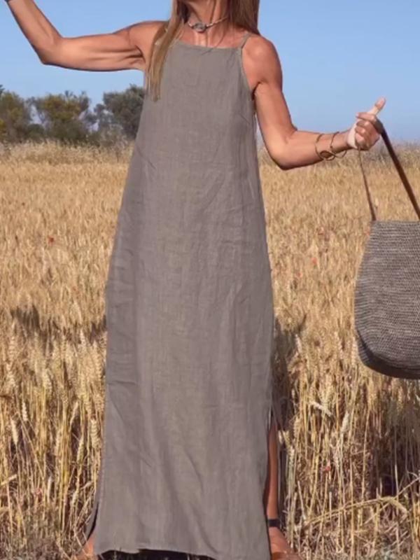 Lässiges langes Kleid aus Baumwolle und Leinen für Damen