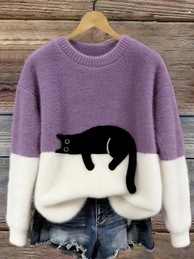 Pullover oversize da donna con design color block e motivo a gatti