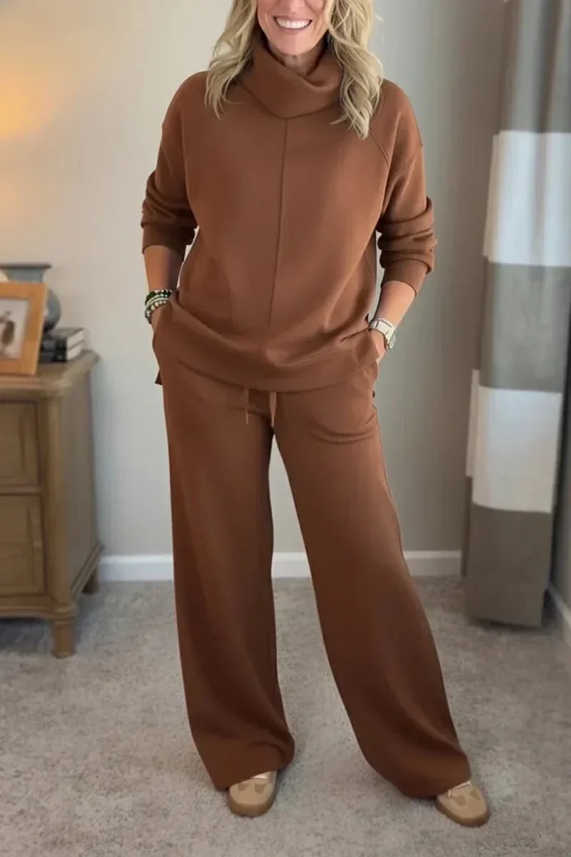 Aivra | Conjunto de dos piezas para mujer con cuello alto, mangas largas, pantalón de pierna ancha y bolsillos
