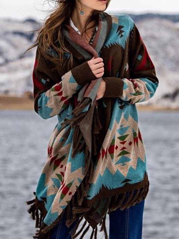 Damen Wickelcardigan mit Fransen und langen Ärmeln