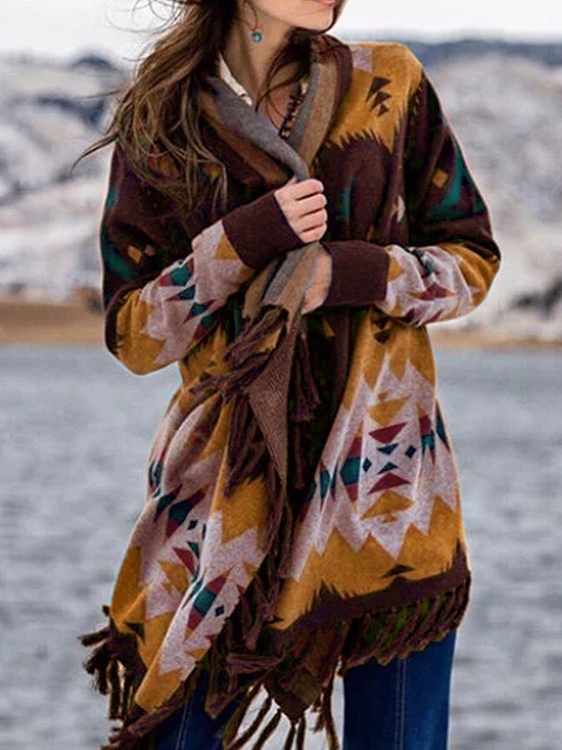 Damen Wickelcardigan mit Fransen und langen Ärmeln
