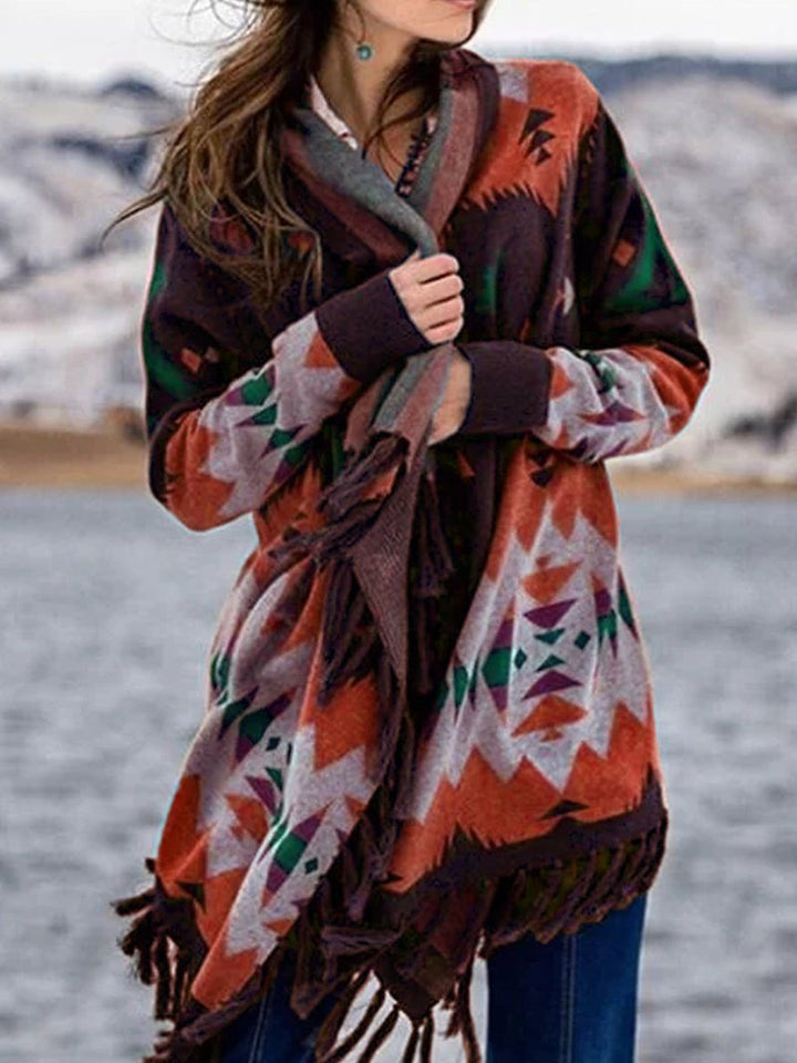 Damen Wickelcardigan mit Fransen und langen Ärmeln