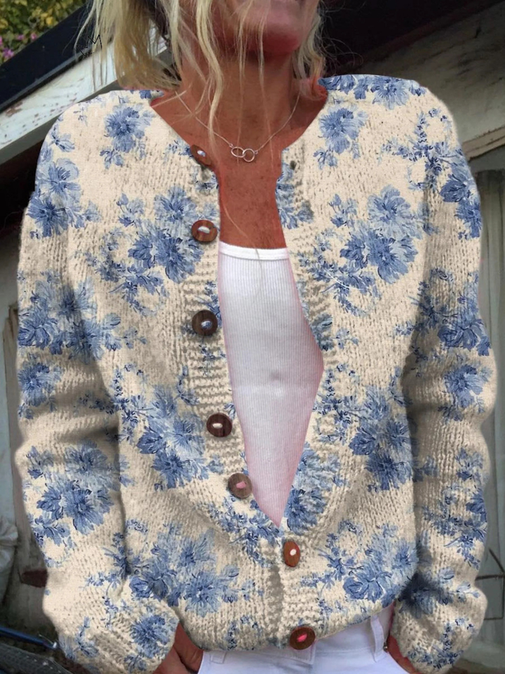 Damen Liebliches Floral Art Print | Knopfpullover