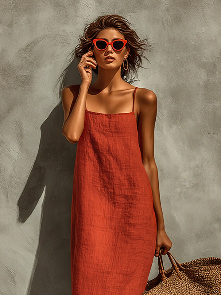 Rotes Damenkleid mit Spaghettiträgern und eckigem Ausschnitt, zeitloser Boho-Resort-Stil