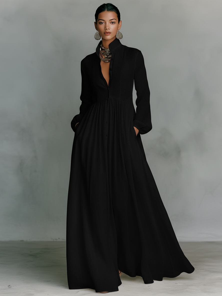 Minimalistisches Patchwork-Maxikleid für Damen mit Stehkragen, Stehkragen und langen Ärmeln, einreihig geknöpft.