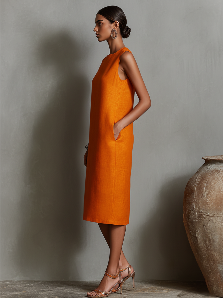 Orangefarbenes Etuikleid für Damen mit ärmellosem Rundhalsausschnitt und Seitentaschen, zeitlos minimalistisch-eleganter Stil