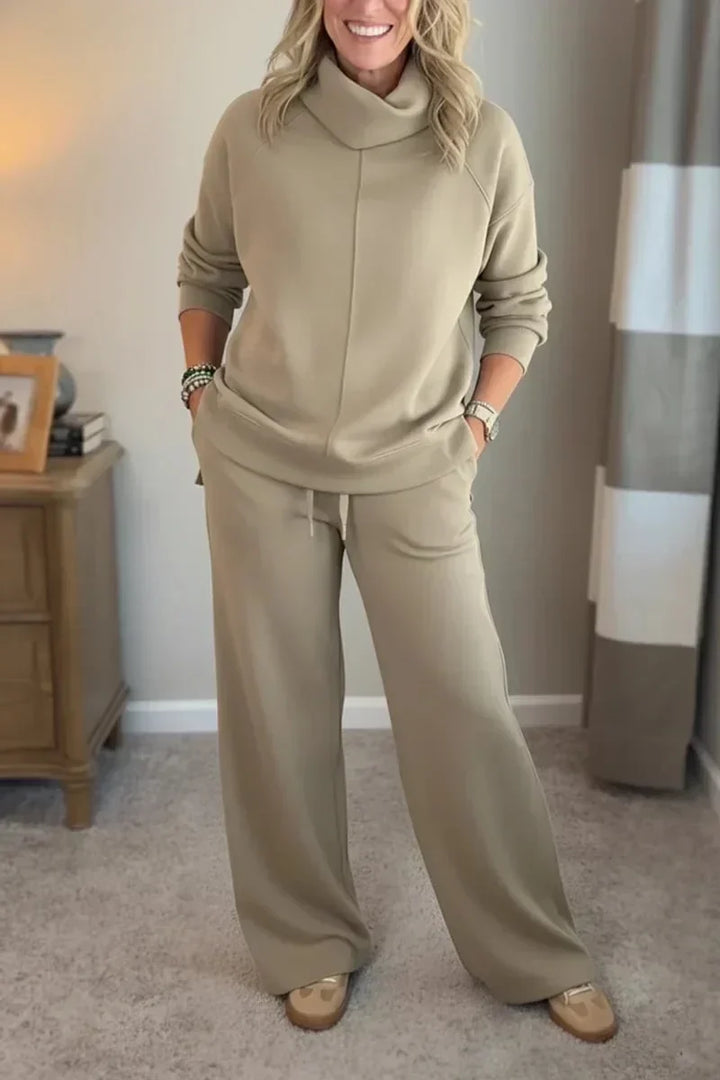 Aivra | Conjunto de dos piezas para mujer con cuello alto, mangas largas, pantalón de pierna ancha y bolsillos
