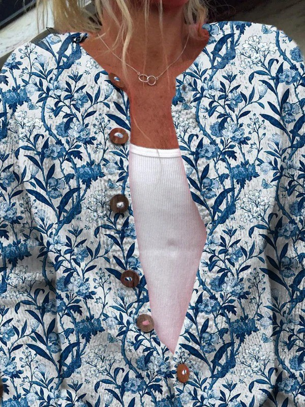 Eleganter blauer und weißer Blumenmuster-Print Knopf-Cardigan-Pullover