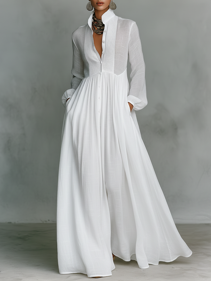 Minimalistisches Patchwork-Maxikleid für Damen mit Stehkragen, Stehkragen und langen Ärmeln, einreihig geknöpft.