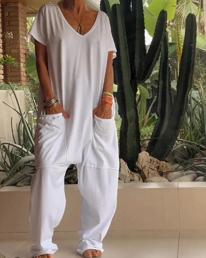 Yelena™ - Lässiger V-Ausschnitt Einfarbiger Jumpsuit
