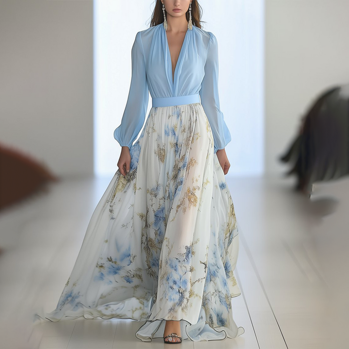Sascha™ - Atemhaftes Floral-Print V-Ausschnitt Maxikleid