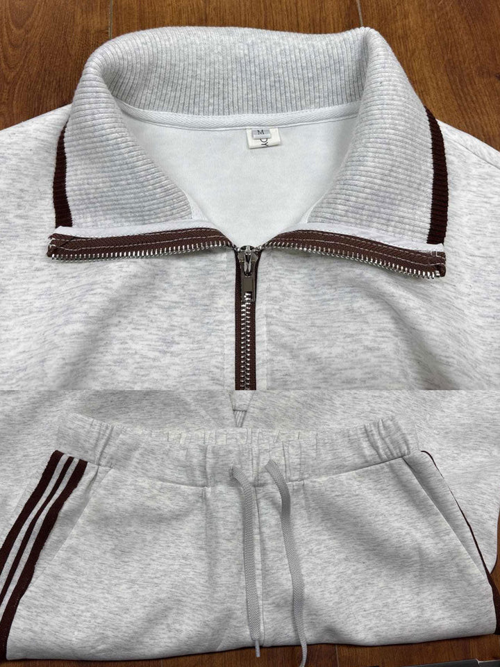 Vintage-inspirierter grauer und weißer Halbzip-Sweatshirt mit weitem Hosen-Set