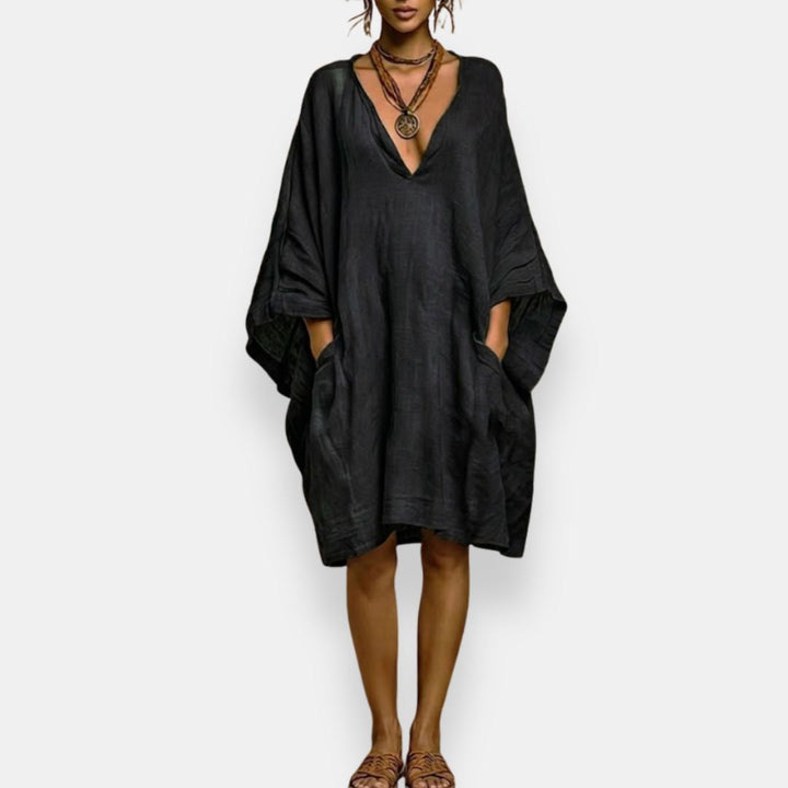 Cassienne | Damen Knielanges Kleid mit V-Ausschnitt und Taschen