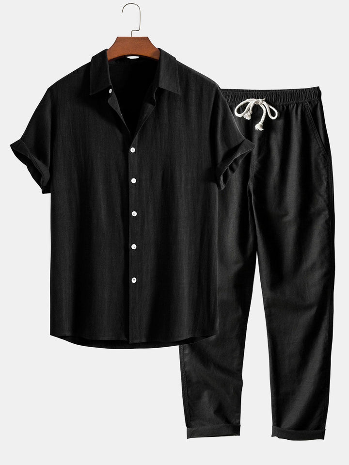 Button-Up Hemd und gerade geschnittene Hose aus Leinen-Rayon-Mischung