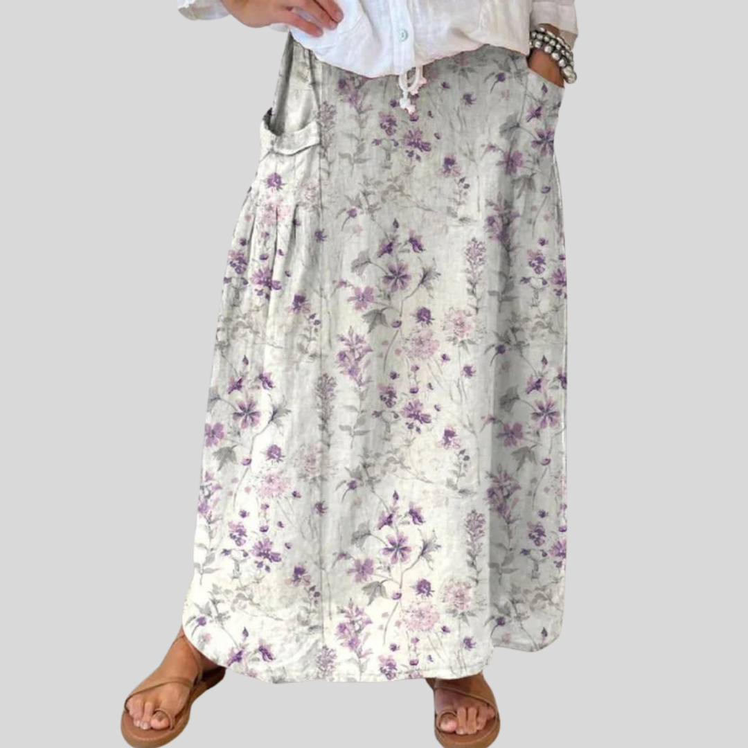 Damen Vintage Blumen Kunst Leinen Elastischer Bund Taschenrock