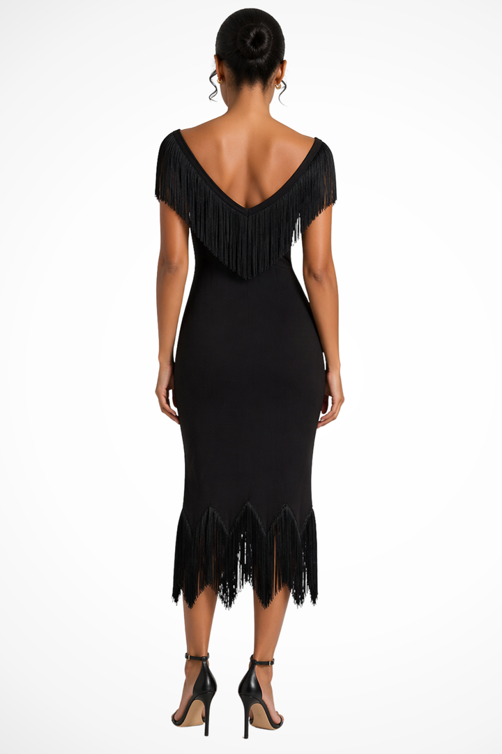 Annabel | Off-Shoulder Midi-Kleid mit Fransenverzierung für Frauen - Perfekt für Hochzeitsgäste