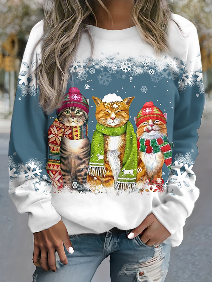 Nele - Warmes Winter Top Mit Schneekatzen Print
