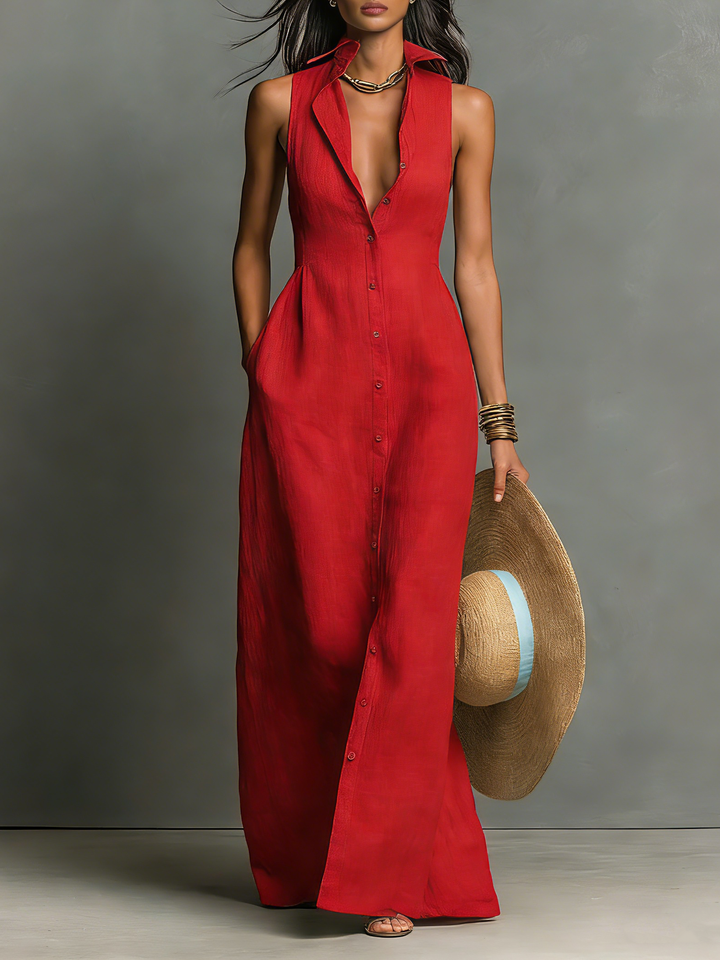 Minimalistisches, kragenloses, einreihiges, ärmelloses Maxi-Hemdkleid für Damen