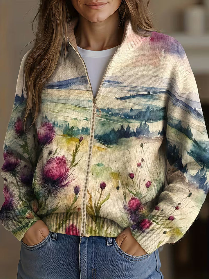 Zelda | Cardigan da donna con paesaggio ad acquerello e motivo a cardi
