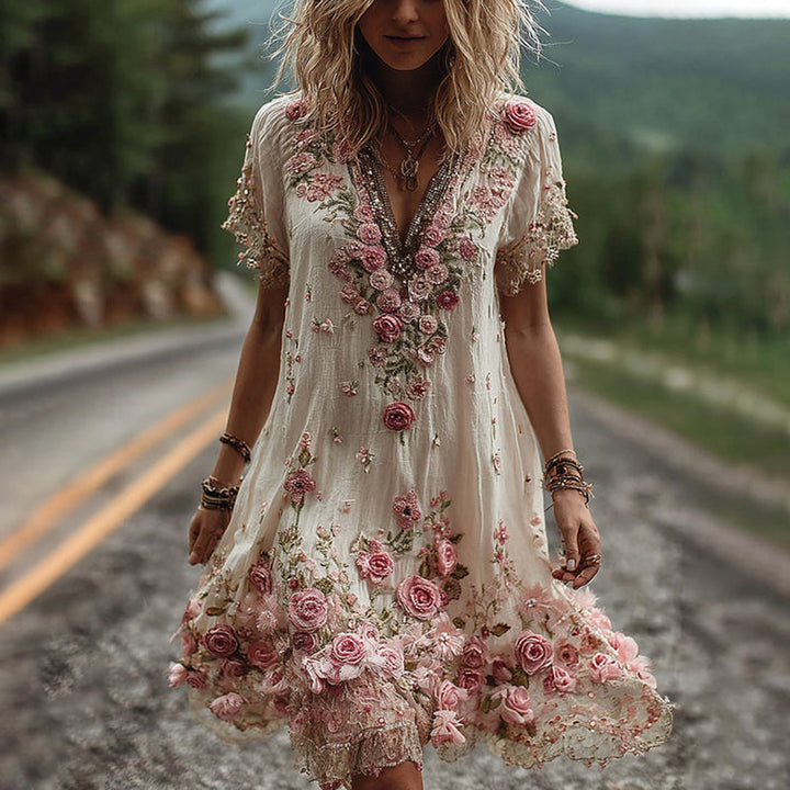 Ruby – Blossom bestickte V-Ausschnitt Kleid