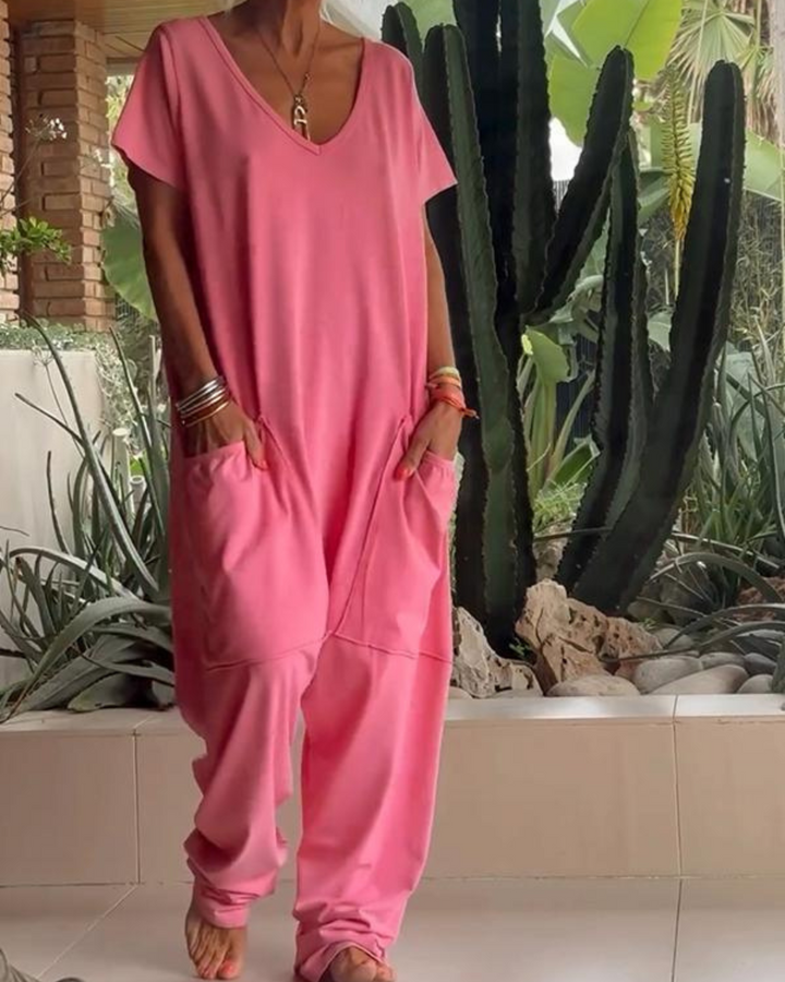 Yelena™ - Lässiger V-Ausschnitt Einfarbiger Jumpsuit