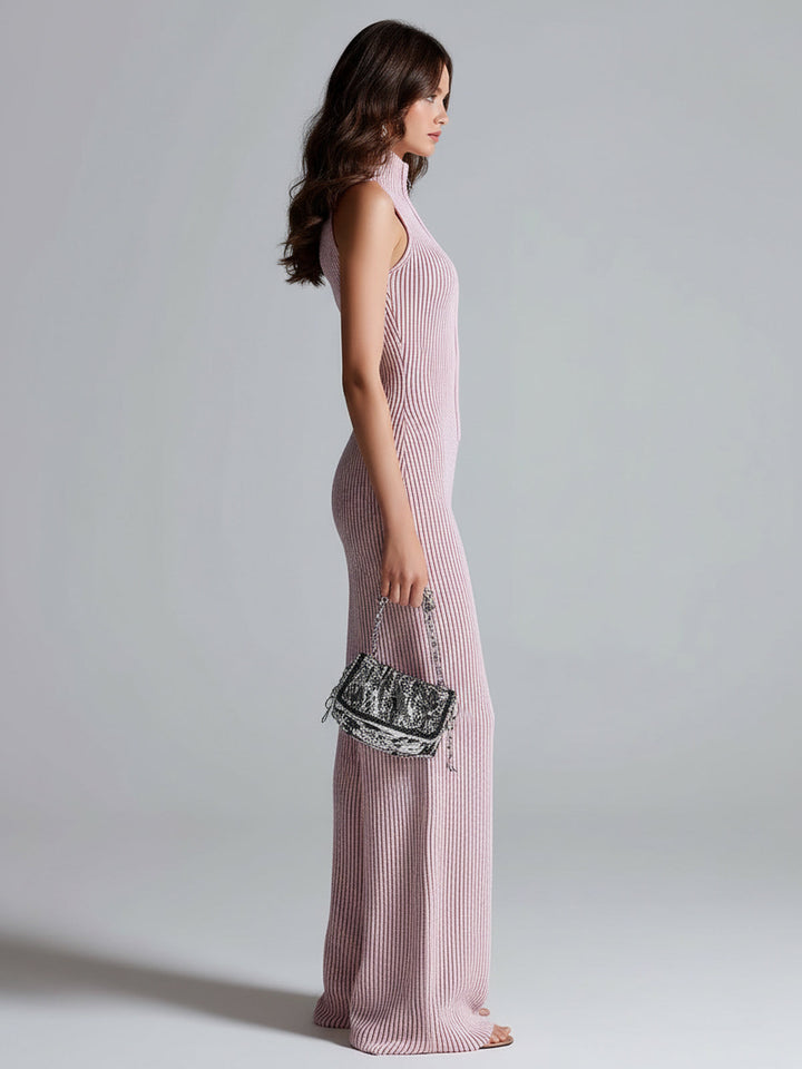 ElevenOra Stilvoller Pinker Ärmelloser Jumpsuit mit Stehkragen, Reißverschluss vorne, Tailliertem Bund und Weitem Bein im Ribstrickdesign