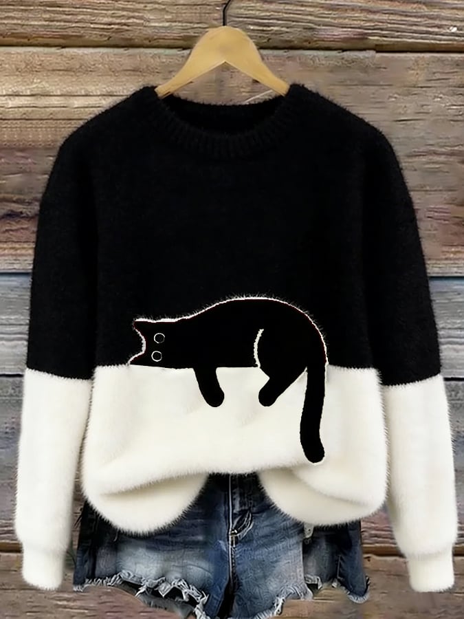Pullover oversize da donna con design color block e motivo a gatti